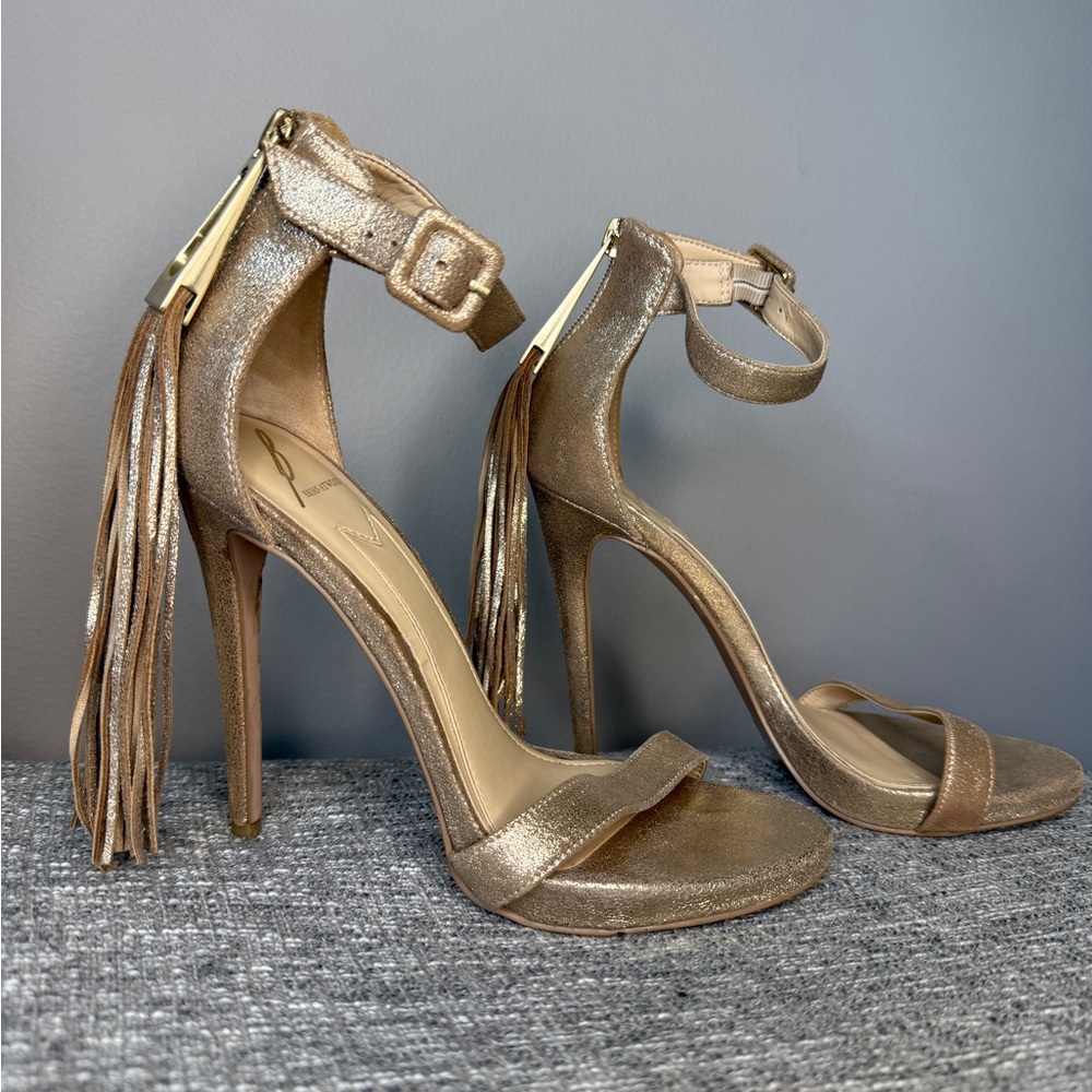 Brian Atwood B Tosca Fringe tassel gold heel sandal 7